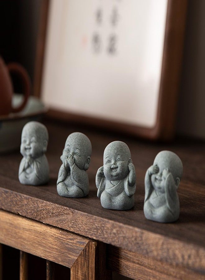 Fovasen 4PCS Laughing Buddha Statue for Good Luck & Feng Shui Decor - Cute Small Zen Monk Sandstone Sculpture for Home, Office, Desk, Aquarium Decor (Four no Zen Statue) - Image 2